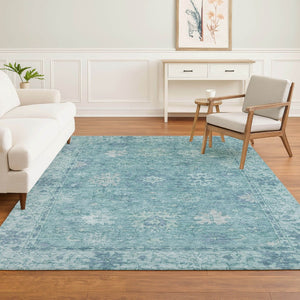 HomeRoots 5' X 8' Teal and Blue Oriental Area Rug - Durable, Washable, UV-Protected for High-Traffic Spaces 716559