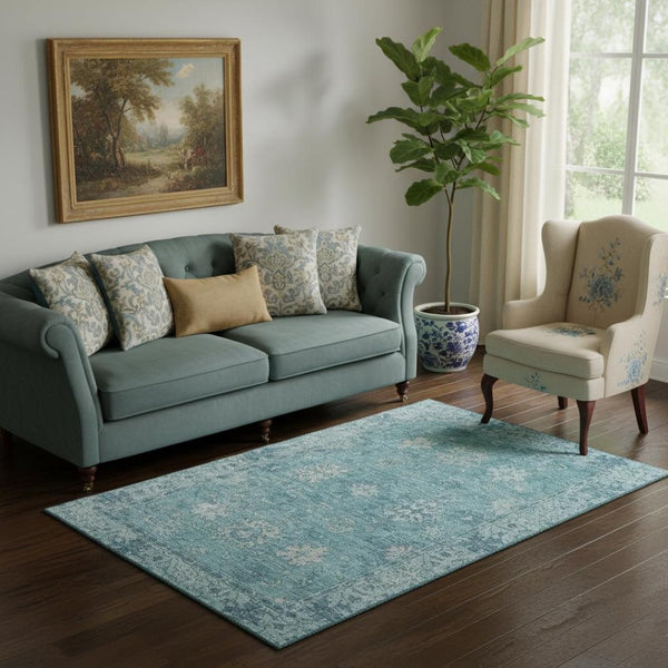 HomeRoots 8' Teal and Blue Oriental Washable Round Rug - UV Resistant, Stain-Proof, Perfect for Family Spaces 716560