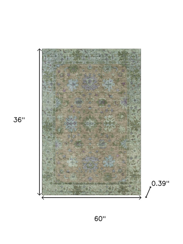 HomeRoots 5' X 8' Brown and Lavender Oriental Washable Area Rug - UV Protection, Stain Resistant, Durable Charm 716565