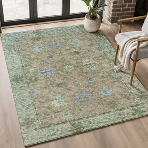 HomeRoots 8' Brown and Lavender Oriental Round Rug - Machine Washable, UV Protected, Stain-Resistant Elegance 716566