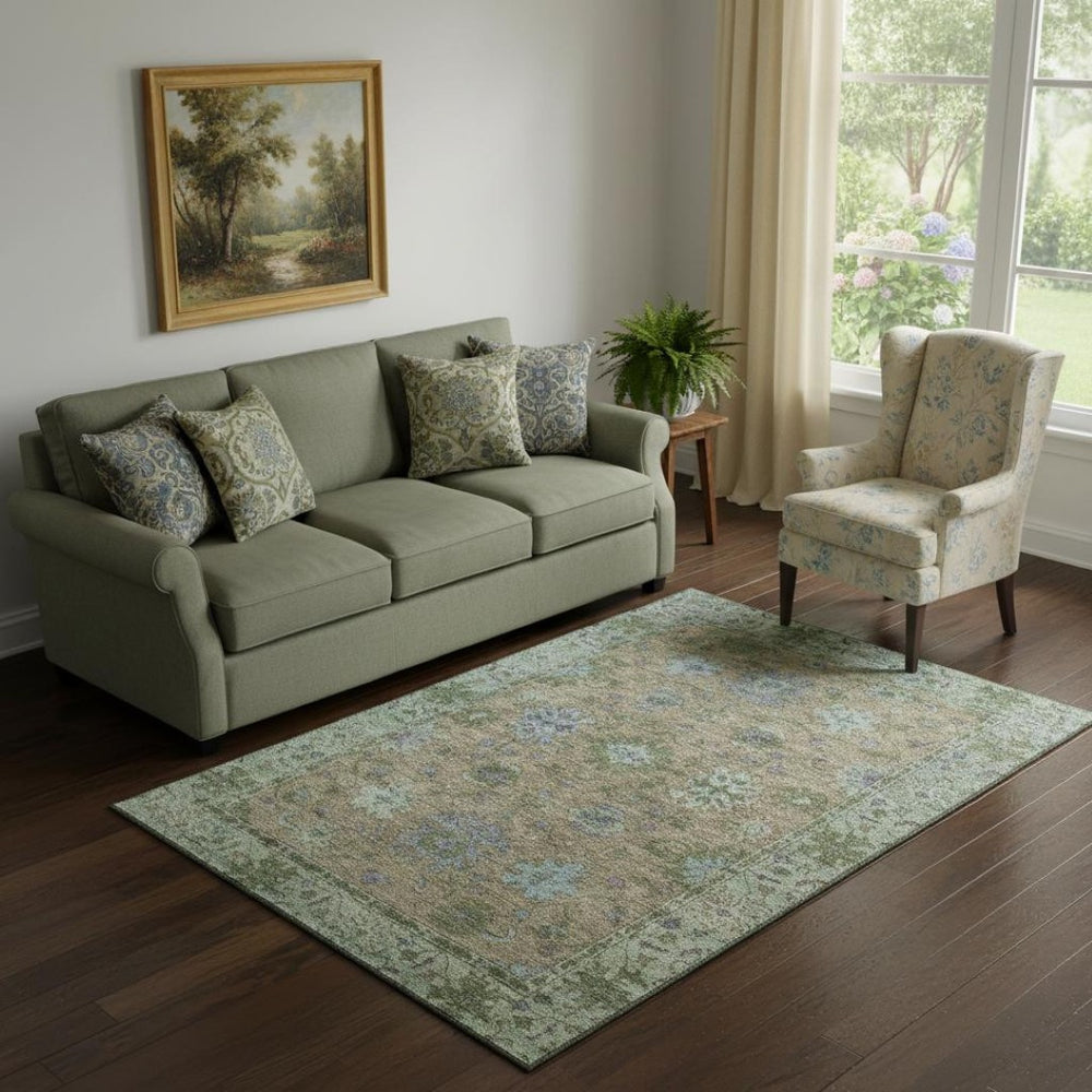 HomeRoots 8' Brown and Lavender Oriental Round Rug - Machine Washable, UV Protected, Stain-Resistant Elegance 716566