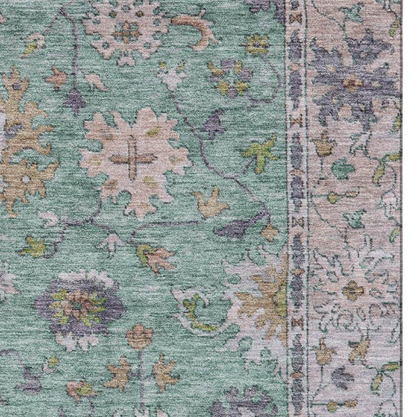 HomeRoots 5' Mint Green & Peach Oriental Area Rug – Washable, UV Protected, Perfect for High-Traffic Areas! 716571