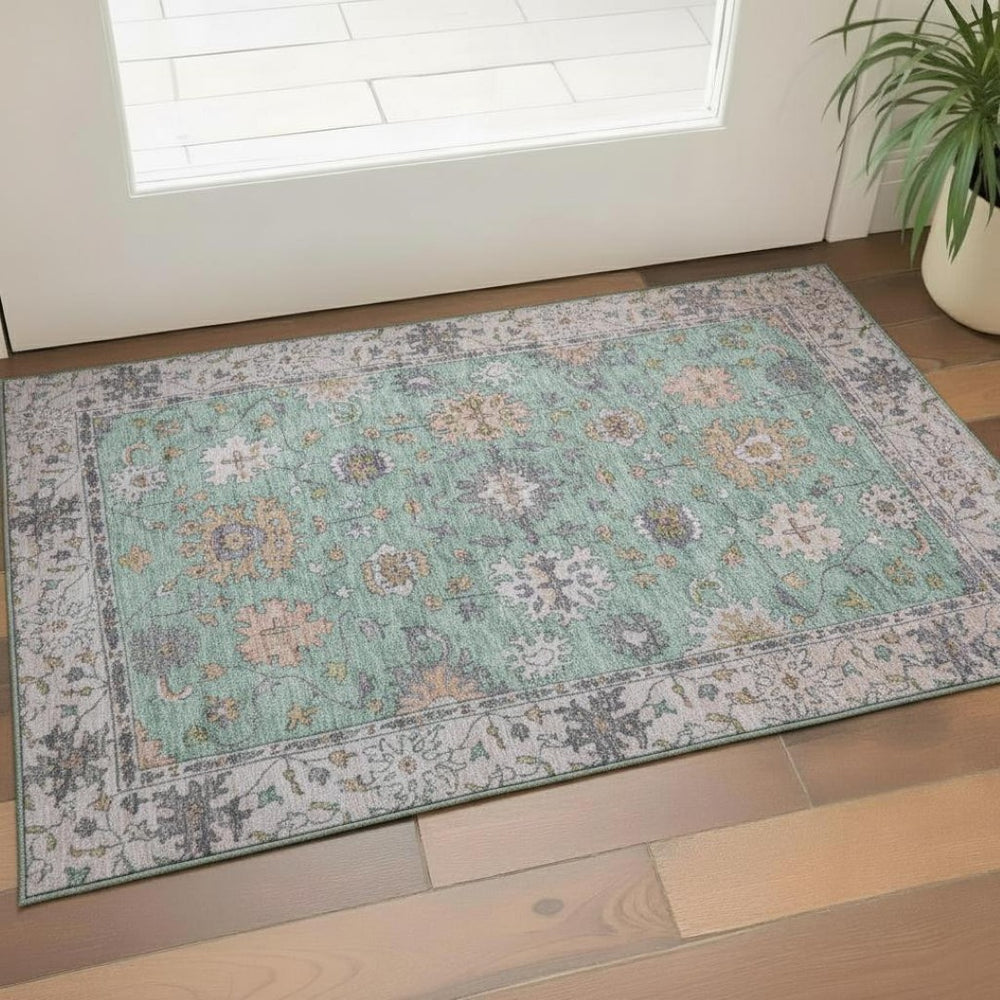 HomeRoots 5' Mint Green & Peach Oriental Area Rug – Washable, UV Protected, Perfect for High-Traffic Areas! 716571