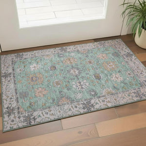 HomeRoots 5' Mint Green & Peach Oriental Area Rug – Washable, UV Protected, Perfect for High-Traffic Areas! 716571