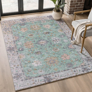HomeRoots 8' Mint Green & Peach Oriental Washable Round Rug – Stain Resistant, UV Protected, Machine Washable 716572
