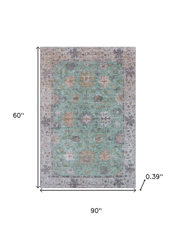 HomeRoots 8' Mint Green & Peach Oriental Washable Round Rug – Stain Resistant, UV Protected, Machine Washable 716572