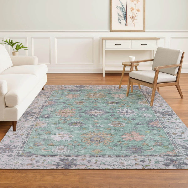HomeRoots 8' Mint Green & Peach Oriental Washable Round Rug – Stain Resistant, UV Protected, Machine Washable 716572