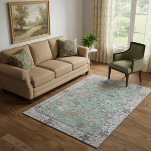 HomeRoots 8' Mint Green & Peach Oriental Washable Round Rug – Stain Resistant, UV Protected, Machine Washable 716572