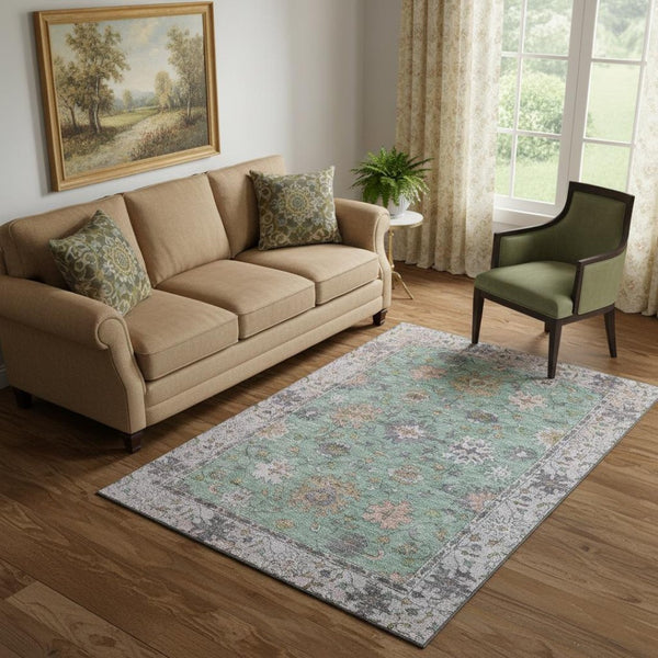 HomeRoots 8' Mint Green & Peach Oriental Washable Round Rug – Stain Resistant, UV Protected, Machine Washable 716572