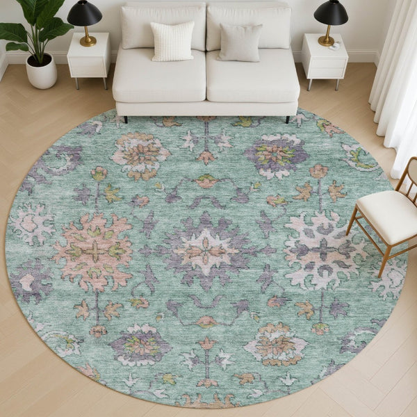 HomeRoots 8' X 10' Elegant Mint Green & Peach Oriental Area Rug - Washable, UV Protected, Stain Resistant! 716573