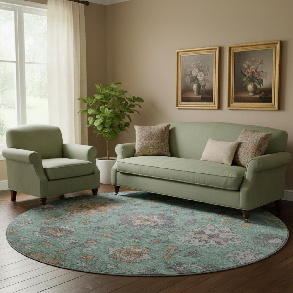 HomeRoots 8' X 10' Elegant Mint Green & Peach Oriental Area Rug - Washable, UV Protected, Stain Resistant! 716573