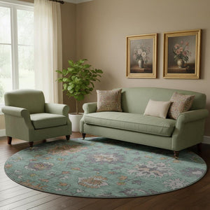 HomeRoots 8' X 10' Elegant Mint Green & Peach Oriental Area Rug - Washable, UV Protected, Stain Resistant! 716573