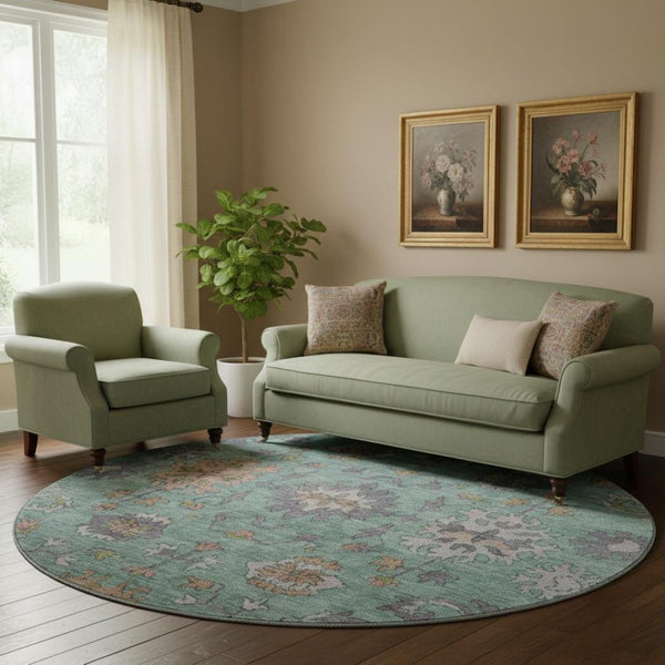 HomeRoots 8' X 10' Elegant Mint Green & Peach Oriental Area Rug - Washable, UV Protected, Stain Resistant! 716573