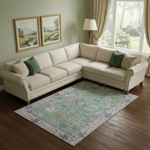 HomeRoots 9' X 12' Mint Green & Peach Oriental Area Rug - Washable, UV Protected, Stain Resistant for Homes 716574