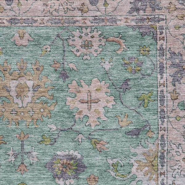 HomeRoots 10' X 14' Mint Green and Peach Oriental Area Rug - Washable, UV Protected, Stylish & Durable Decor 716575