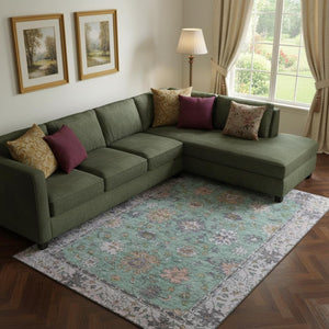 HomeRoots 10' X 14' Mint Green and Peach Oriental Area Rug - Washable, UV Protected, Stylish & Durable Decor 716575