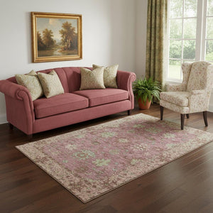 HomeRoots 8' Pink and Beige Oriental Washable Round Rug - Durable, Stylish, UV-Protected, Perfect for Homes! 716578