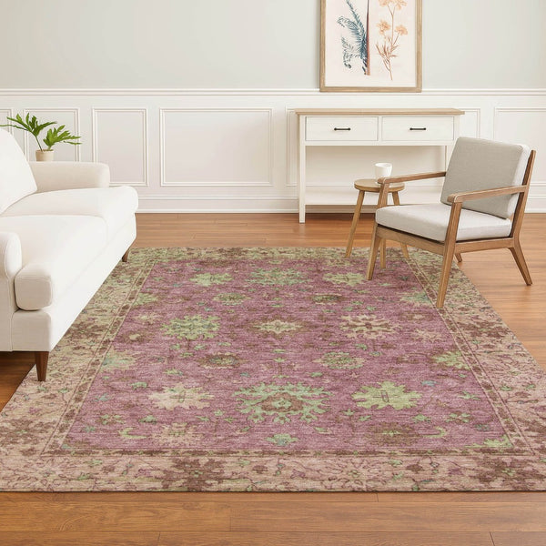 HomeRoots 8' Pink and Beige Oriental Washable Round Rug - Durable, Stylish, UV-Protected, Perfect for Homes! 716578