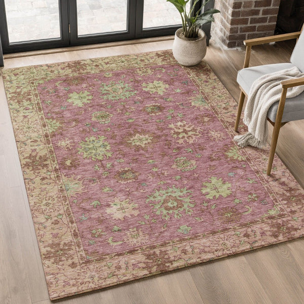 HomeRoots 9' X 12' Pink and Beige Oriental Area Rug - Washable, UV Protected, Durable for Family Living Spaces 716580