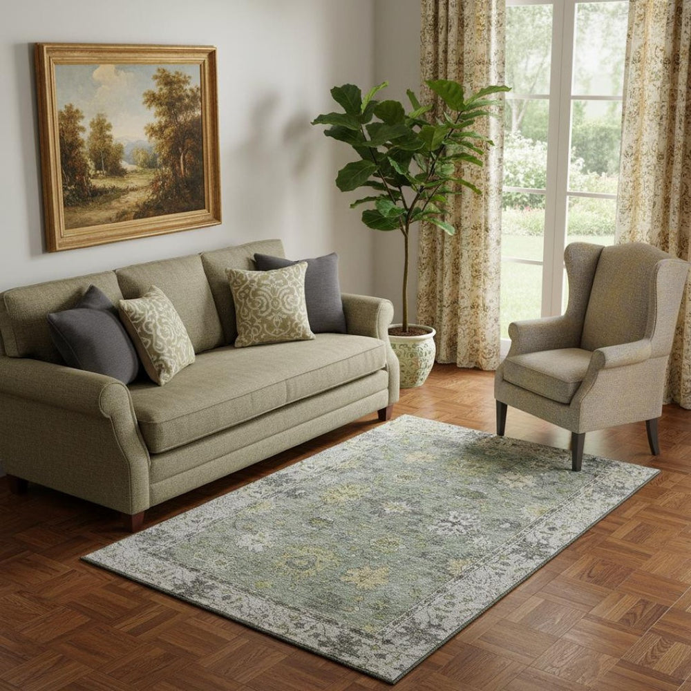 HomeRoots 8' Sage and Gray Oriental Round Rug - Washable, UV-Protected, Stain-Resistant for Easy Care and Style 716584