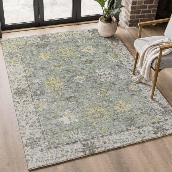 HomeRoots 10' X 14' Sage and Gray Oriental Washable Area Rug - Durable, Stain-Resistant with UV Protection! 716587