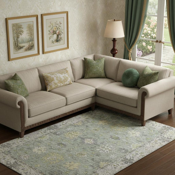 HomeRoots 10' X 14' Sage and Gray Oriental Washable Area Rug - Durable, Stain-Resistant with UV Protection! 716587