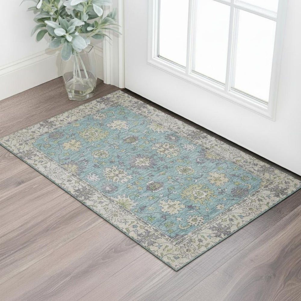 HomeRoots 5' X 8' Pale Aqua & Teal Oriental Area Rug - Machine Washable, UV Protected, Stain Resistant Style! 716589