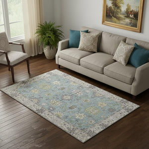 HomeRoots 8' Pale Aqua and Teal Oriental Washable Round Rug - Stylish, Durable, UV-Protected for Busy Homes 716590