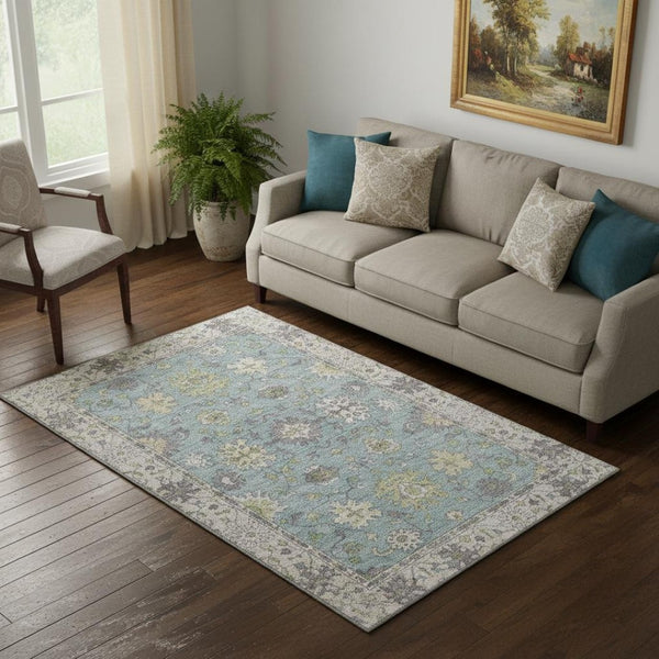 HomeRoots 8' Pale Aqua and Teal Oriental Washable Round Rug - Stylish, Durable, UV-Protected for Busy Homes 716590
