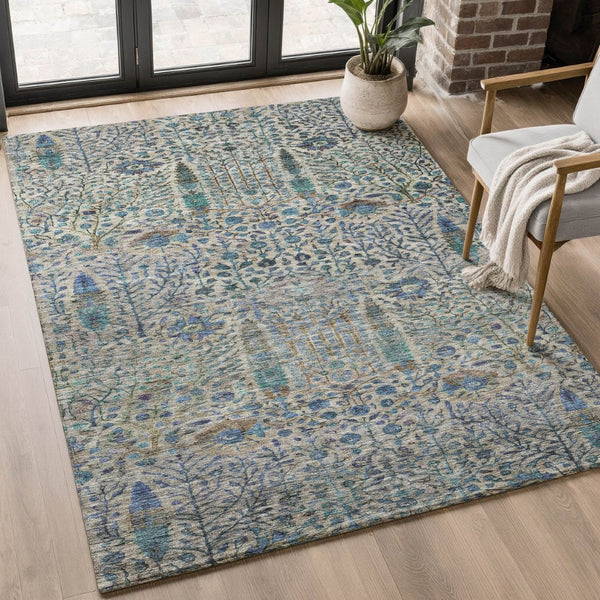 HomeRoots 5' X 8' Brown & Teal Floral Vines Area Rug - Washable, UV-Protected, Durable & Stylish for Any Room 716595