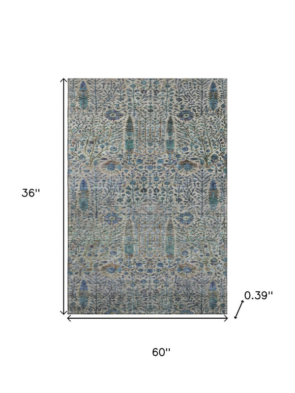 HomeRoots 5' X 8' Brown & Teal Floral Vines Area Rug - Washable, UV-Protected, Durable & Stylish for Any Room 716595