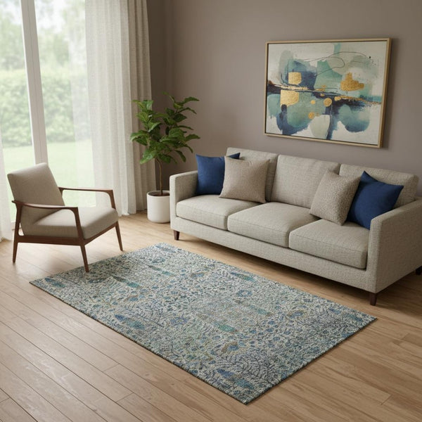 HomeRoots 8' Brown and Teal Floral Vine Washable Round Rug with UV Protection for Any Room – Durable Comfort! 716596