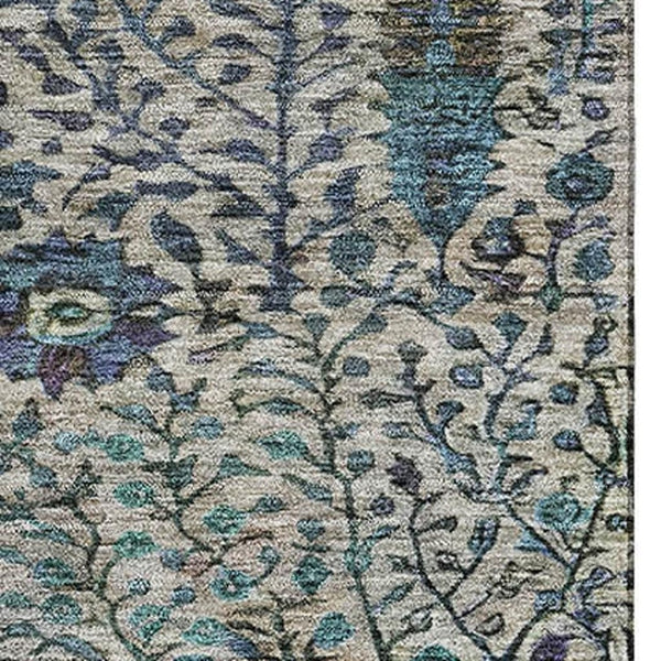 HomeRoots 9' X 12' Floral Vines Washable Area Rug - Brown & Teal with UV Protection for High-Traffic Spaces 716598