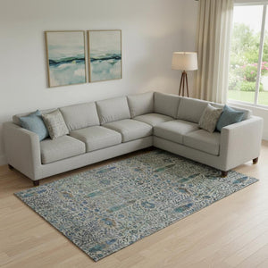 HomeRoots 9' X 12' Floral Vines Washable Area Rug - Brown & Teal with UV Protection for High-Traffic Spaces 716598
