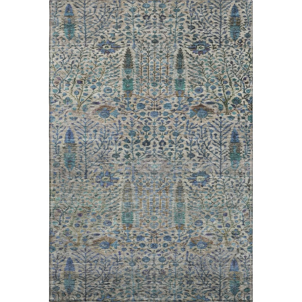 HomeRoots 10' X 14' Floral Vines Washable Area Rug - Durable Brown & Teal Design with UV Protection & Non-Slip Backing 716599