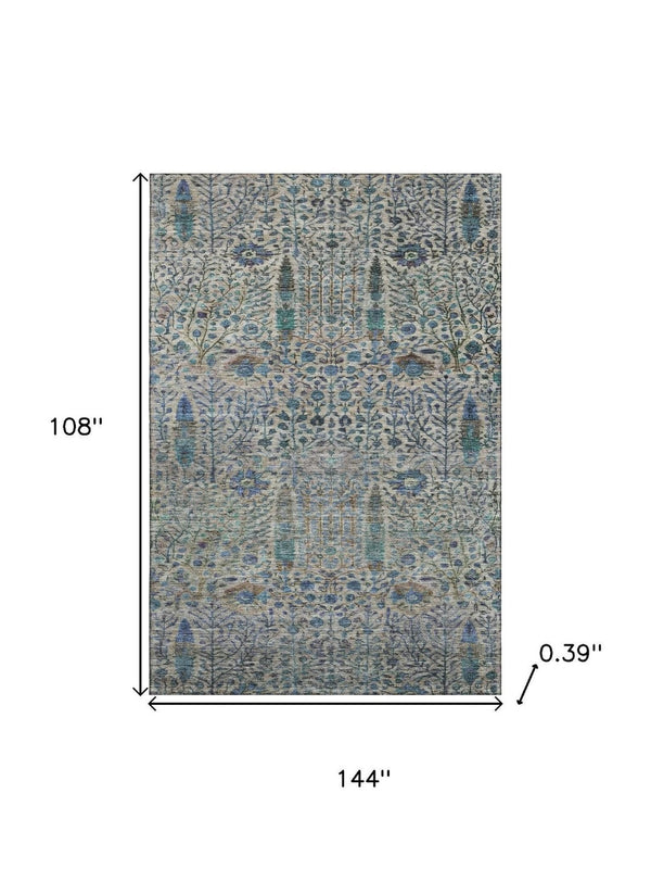 HomeRoots 10' X 14' Floral Vines Washable Area Rug - Durable Brown & Teal Design with UV Protection & Non-Slip Backing 716599