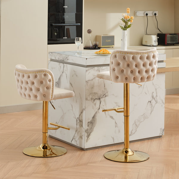 English Elm A&A Velvet Tufted Swivel Barstool with Ergonomic Back and Gold-Plated 17.7" Base, Set of 2 Beige W1143P204045