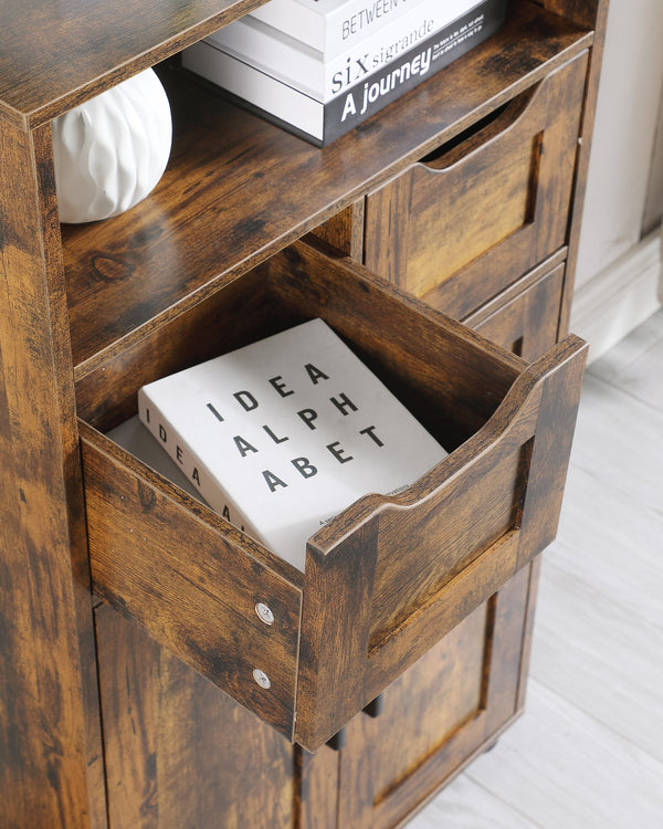 English Elm Tall Rustic Brown Storage Cabinet with 2 Large Drawers, Adjustable Shelf, Versatile Organizing for Home Offices, Kitchens, Bathrooms Durable Finish and Smooth-Glide Drawers W3151P345972