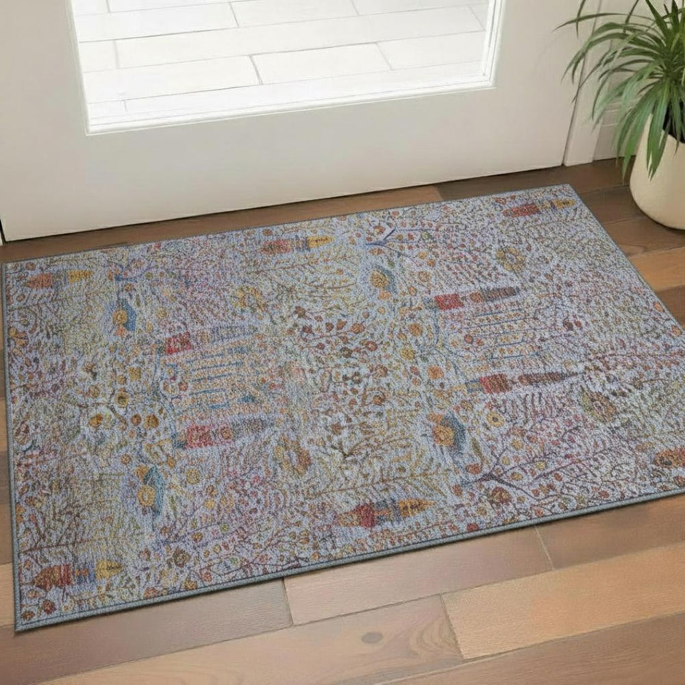 HomeRoots 5' X 8' Vibrant Blue and Red Floral Vines Washable Area Rug with UV Protection for Home Decor 716601