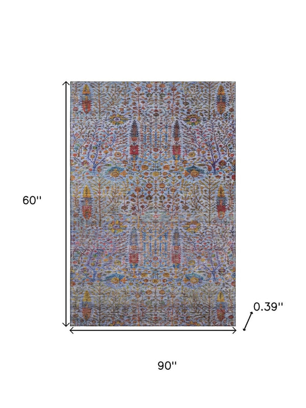 HomeRoots 8' Blue and Red Floral Vine Washable Rug - UV Protected, Stain Resistant, Perfect for Kid & Pet Homes! 716602