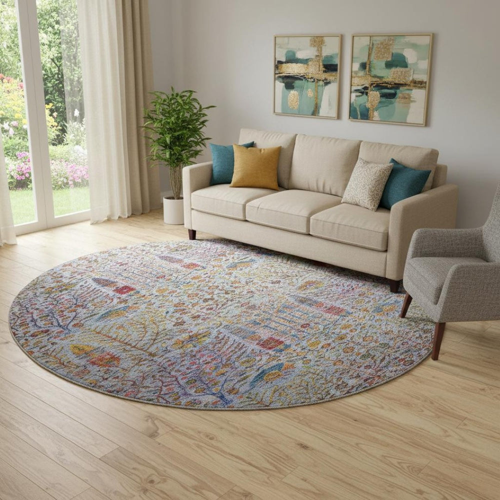 HomeRoots 8' X 10' Washable Blue and Red Floral Vines Area Rug - UV Protected, Stain Resistant, Family-Friendly! 716603