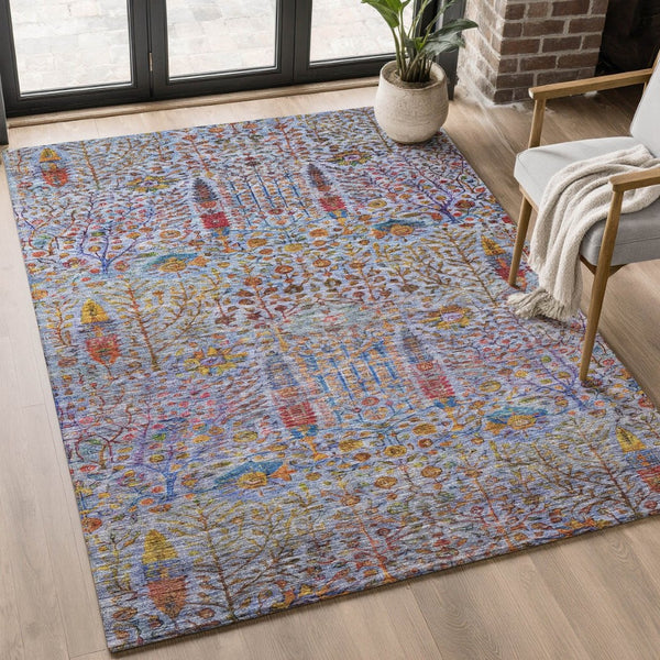 HomeRoots 9' X 12' Blue And Red Floral Vines Area Rug - Washable, UV Protected, Durable for Busy Homes 716604