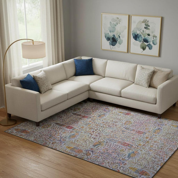 HomeRoots 10' Vibrant Blue and Red Floral Vines Washable Area Rug with UV Protection for Homes with Kids & Pets 716605