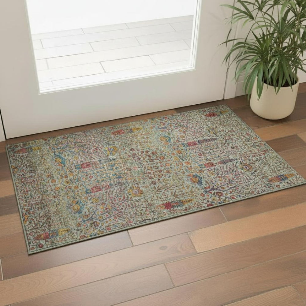 HomeRoots 5' X 8' Vibrant Green and Red Floral Vines Washable Area Rug with UV Protection for High-Traffic Spaces 716607