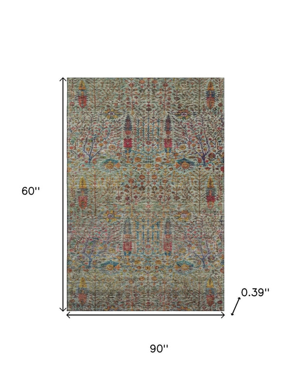 HomeRoots 8' Vibrant Green and Red Floral Vines Round Rug - Washable, UV Protected, Non-Slip, Perfect for Any Room! 716608