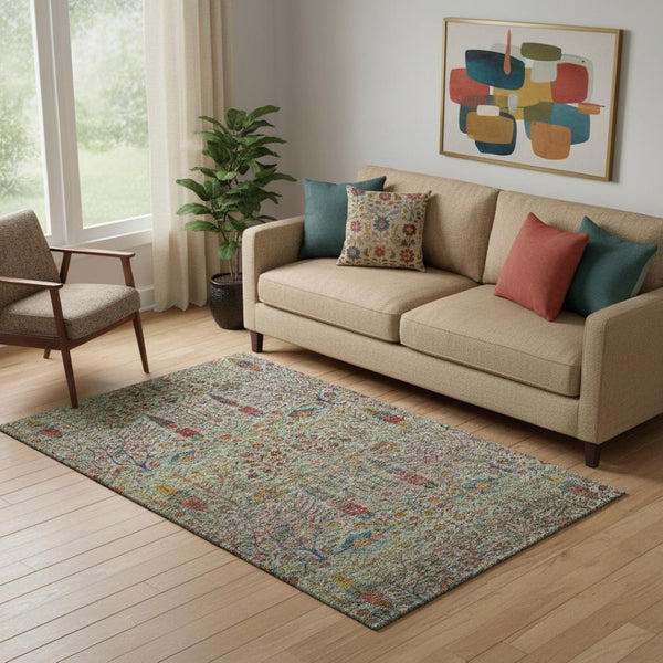 HomeRoots 8' Vibrant Green and Red Floral Vines Round Rug - Washable, UV Protected, Non-Slip, Perfect for Any Room! 716608