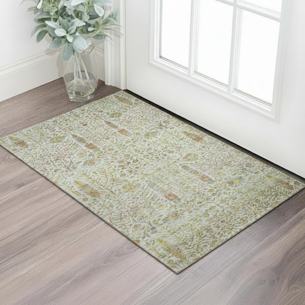 HomeRoots 5' X 8' Elegant Linen & Gold Floral Vines Washable Area Rug with UV Protection for Any Space 716613