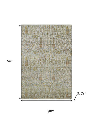 HomeRoots 8' Elegant Linen and Gold Floral Vines Round Rug - Washable, UV-Protected, Pet-Friendly Design 716614