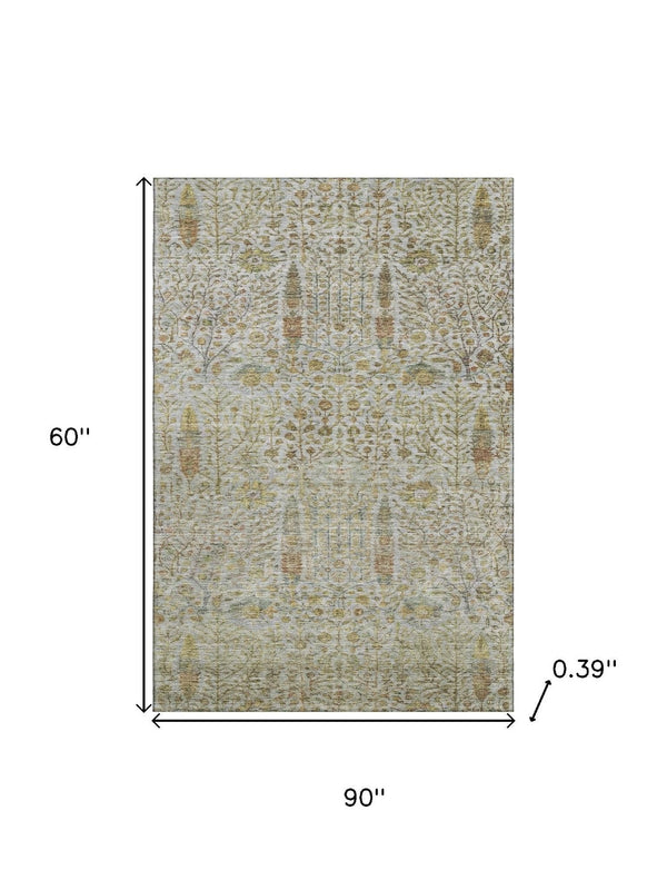 HomeRoots 8' Elegant Linen and Gold Floral Vines Round Rug - Washable, UV-Protected, Pet-Friendly Design 716614