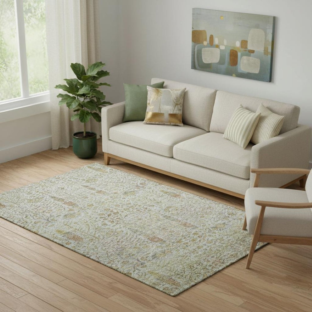 HomeRoots 8' Elegant Linen and Gold Floral Vines Round Rug - Washable, UV-Protected, Pet-Friendly Design 716614